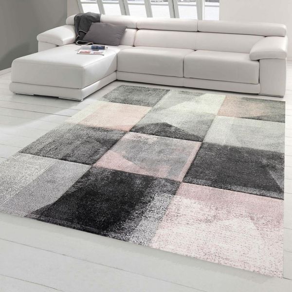 Tappeto Da Salotto Con Motivo Astratto A Quadri In Grigio Rosa Crema Dimensioni - 200 X 290 Cm-image