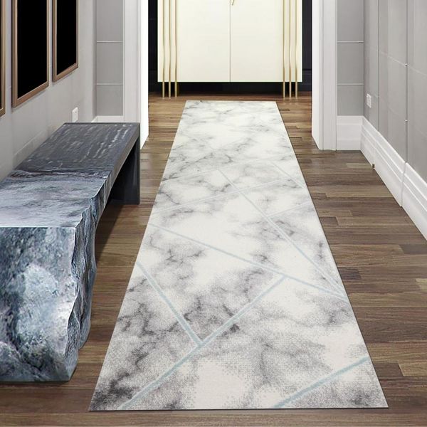 Tappeto Di Design Per Il Soggiorno, Motivo Marmo In Blu Crema Dimensioni - 80 X 300 Cm-image