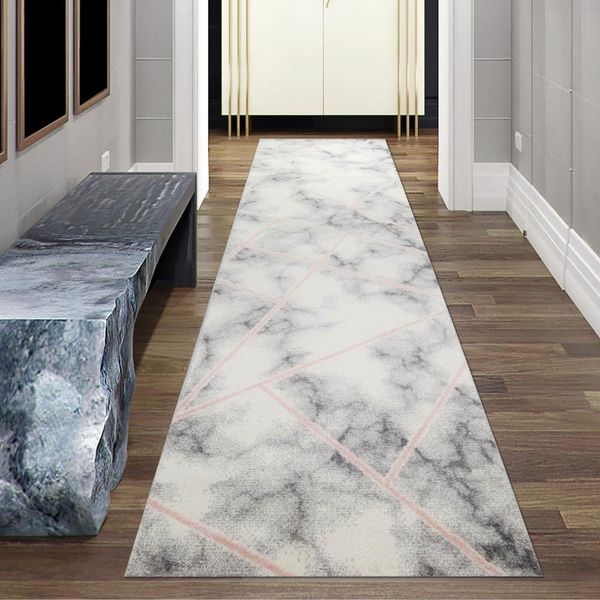 Tappeto Di Design Per Il Soggiorno, Motivo Marmo In Rosa Crema Dimensioni - 80 X 300 Cm-image