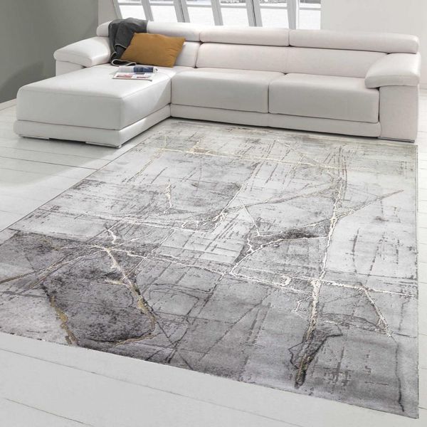 Tappeto Moderno Da Salotto Astratto In Grigio Crema Oro Dimensioni - 120 X 170 Cm-image
