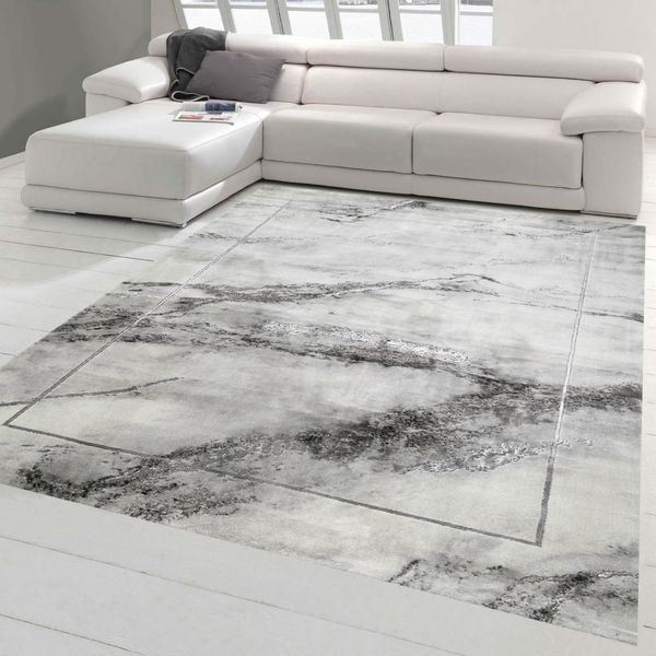Tappeto Moderno Da Salotto Effetto Marmo In Grigio Dimensioni - 120 X 170 Cm-image