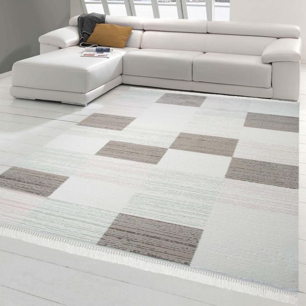 Tappeto Di Design Con Motivo A Quadri - Runner - In Marrone Crema Turchese Rosa Dimensioni - 80 X 300 Cm-image