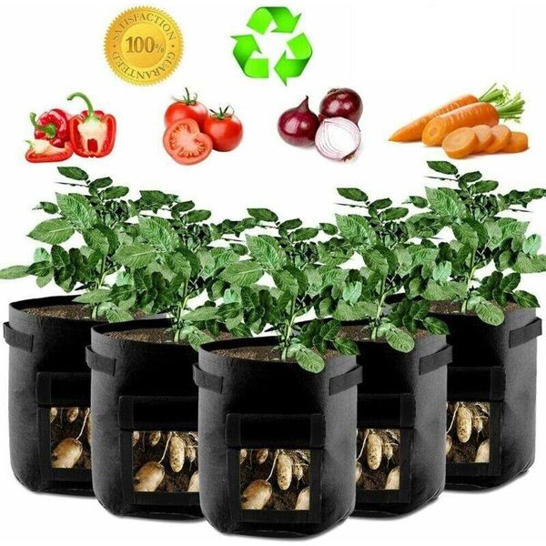 5 Pezzi Sacchetto Per Piante, Sacchetto Per Patate 7 Galloni Con Manici E Finestra, Sacchetto Di Coltivazione Vegetale Traspirante Sacchetto Per Carote / Cipolle / Verdure (Nero)-image