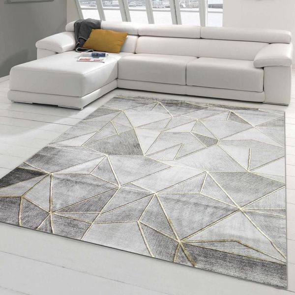 Tappeto Design Tappeto Soggiorno Motivo Geometrico In Grigio Oro Dimensioni - 60 X 110 Cm-image