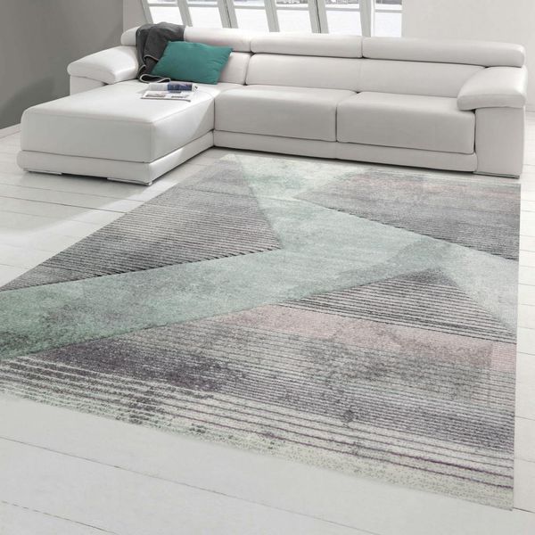 Tappeto Moderno Soggiorno Motivo Astratto A Righe Nero Grigio Verde Rosa - Facile Da Pulire Dimensioni - 140 X 200 Cm-image