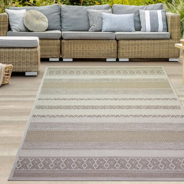 Tappeto Per Interni Ed Esterni In Sisal A Strisce Di Colore Beige Marrone Dimensioni - 160 Cm Rotondo-image