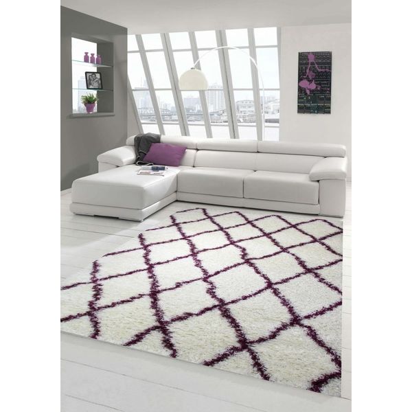 Tappeto Shaggy Per Il Soggiorno A Pelo Alto A Pelo Lungo Con Motivo A Rombi In Crema Viola Dimensioni - 160X230 Cm-image