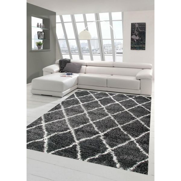 Tappeto Shaggy Da Salotto A Pelo Alto A Pelo Lungo Con Motivo A Rombi In Grigio Crema Dimensioni - 80X150 Cm-image