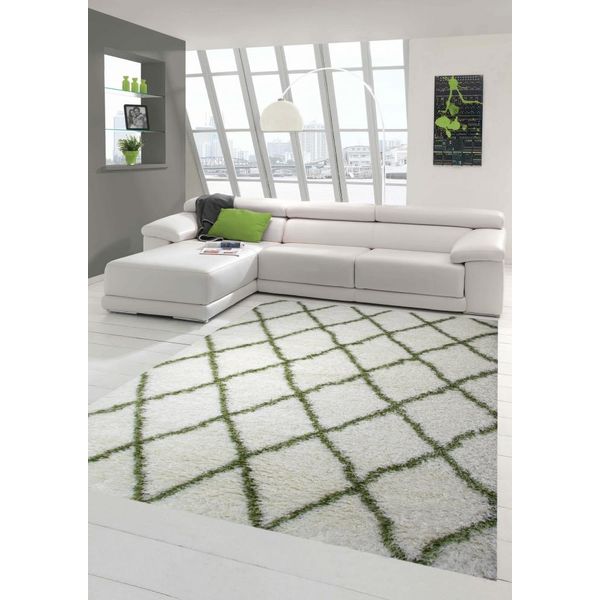 Tappeto Shaggy Da Salotto A Pelo Alto A Pelo Lungo Con Motivo A Rombi In Verde Crema Dimensioni - 160X230 Cm-image