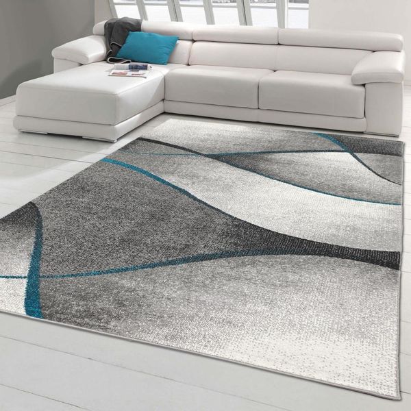 Tappeto Da Salotto Moderno Design A Onde In Blu Grigio Antracite - Facile Da Pulire Dimensioni - 120 X 170 Cm-image
