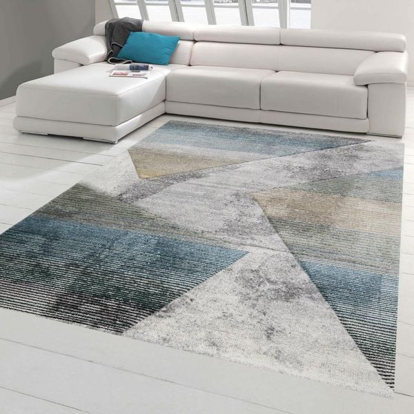 Tappeto Moderno Soggiorno Motivo Astratto A Righe Multicolore Grigio Blu Oro - Facile Da Pulire Dimensioni - 140 X 200 Cm-image