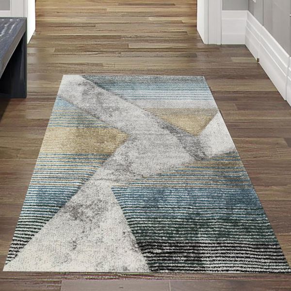 Tappeto Moderno Da Salotto Motivo Astratto A Righe Multicolore Grigio Blu Oro - Facile Da Pulire Dimensioni - 80 X 150 Cm-image