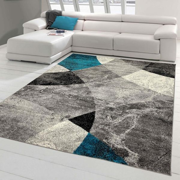 Tappeto Da Salotto Moderno Disegno Astratto Onda Diamante Marmorizzato In Blu Grigio - Facile Da Pulire Dimensioni - 200 X 280 Cm-image