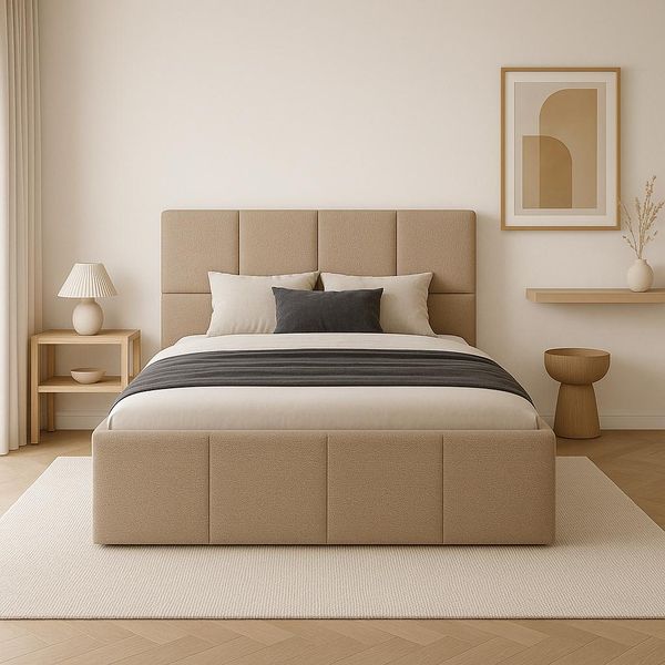 Letto Imbottito 140X200 Tessuto Boucle Beige Con Rete A Doghe In Legno E Contenitore-image