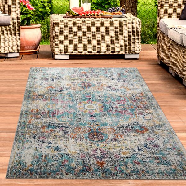 Tappeto Orientale Per Esterni Ornamenti Per Il Soggiorno Vintage In Grigio Blu Dimensioni - 140 X 200 Cm-image