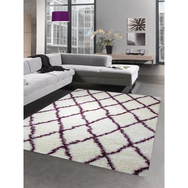 Tappeto Shaggy Tappeto Da Salotto A Pelo Alto A Pelo Lungo Rombo Crema Viola Dimensioni - 120X170 Cm-image