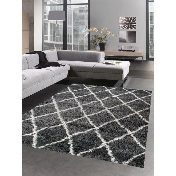 Tappeto Shaggy Tappeto Da Salotto A Pelo Lungo A Rombi Grigio Crema Dimensioni - 80X150 Cm-image