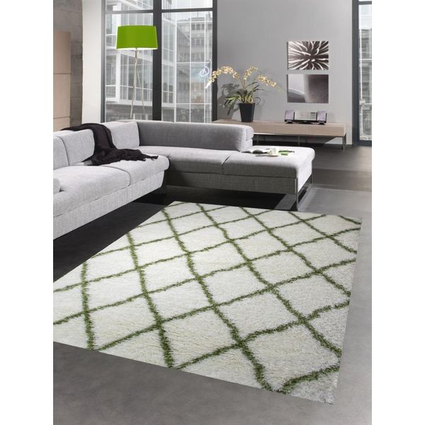 Tappeto Shaggy Da Salotto Tappeto A Pelo Alto A Pelo Lungo A Rombi Verde Crema Dimensioni - 120X170 Cm-image