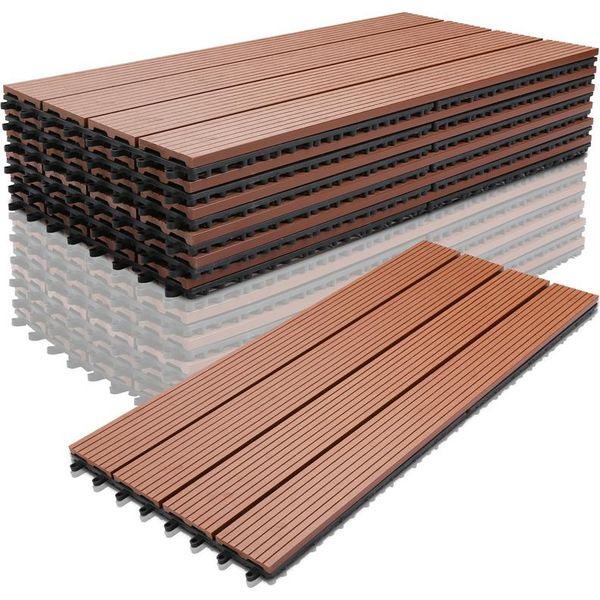 Wolketon Piastrelle Terrazza Wpc Piastrelle Legno Plastica 6Pcs 1M² Set 60X30Cm, Marrone Giardino Click Piastrelle Pavimentazione Con Drenaggio Piastrelle Terrazza Balcone-image