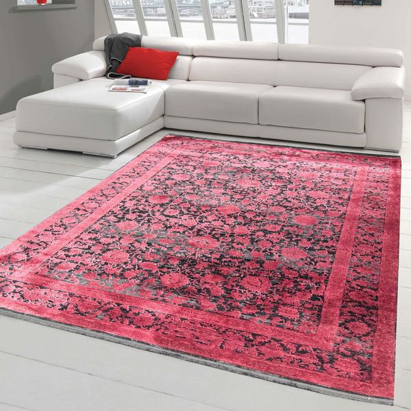 Tappeto Moderno Da Salotto Disegno Floreale Orientale In Rosso Su Sfondo Nero Dimensioni - 120X170 Cm-image