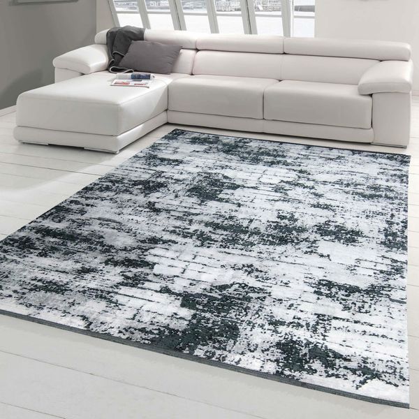 Tappeto Moderno Da Salotto Con Disegno Astratto Orientale In Grigio Su Sfondo Nero Dimensioni - 120X170 Cm-image