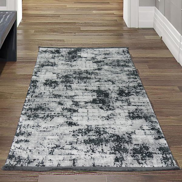 Tappeto Moderno Da Salotto Con Disegno Astratto Orientale In Grigio Su Sfondo Nero Dimensioni - 80X150 Cm-image