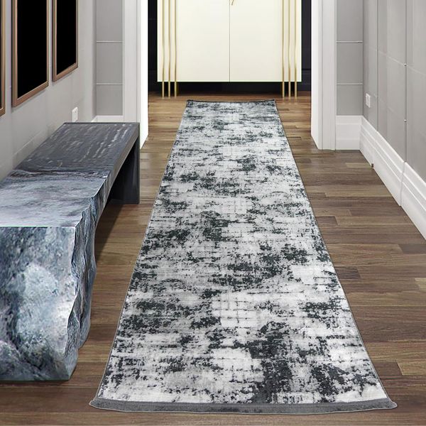 Tappeto Moderno Da Salotto Con Design Astratto Orientale In Grigio Su Sfondo Nero Dimensioni - 80 X 300 Cm-image