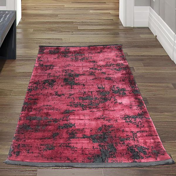 Tappeto Moderno Da Salotto Con Disegno Astratto Orientale In Rosso Su Sfondo Nero Dimensioni - 80X150 Cm-image