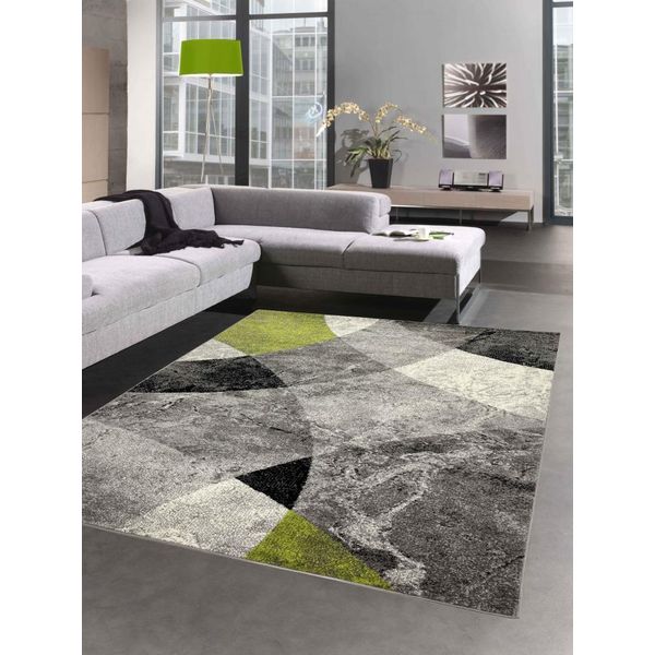 Tappeto Da Salotto Astratto Con Moderno Disegno A Rombi A Onde Marmorizzate In Grigio Verde - Misura Facile Da Pulire - 60X110 Cm-image