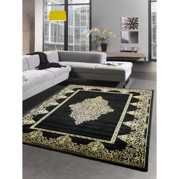 Tappeto Soggiorno A Pelo Corto Ornamenti Tappeto Nero Oro Dimensioni - 160X230 Cm-image