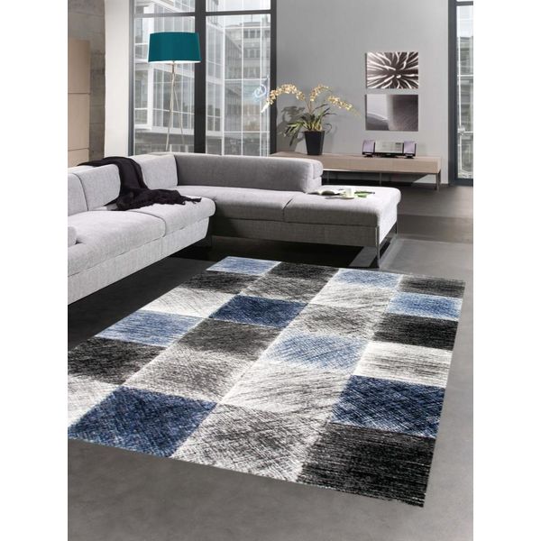 Tappeto Moderno Da Salotto A Quadri Blu Grigio Nero Dimensioni - 200 X 290 Cm-image