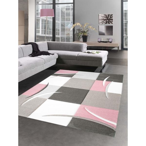 Tappeto Di Design A Quadri Rosa Pastello Crema Marrone Dimensioni - 80 X 300 Cm-image