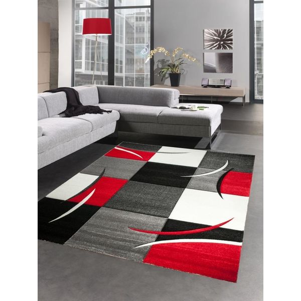 Tappeto Di Design Per Il Soggiorno Tappeto A Quadri Rosso Grigio Crema Nero Dimensioni - 80 X 300 Cm-image