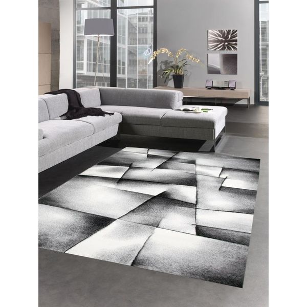 Tappeto Moderno A Pelo Corto Da Salotto Tappeto Contour Cut Check Astratto Grigio Nero Bianco Dimensioni - 80X150 Cm-image