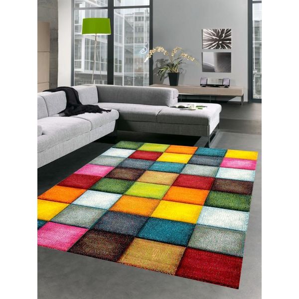 Tappeto Moderno Da Salotto A Quadri Colorati Giallo Rosso Blu Verde Dimensioni - 200 X 290 Cm-image