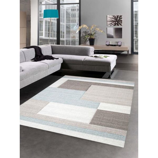 Tappeto Moderno A Pelo Corto Per Soggiorno Tappeto Contour Cut Check Astratto Blu Pastello Taupe Dimensioni - 80 X 300 Cm-image