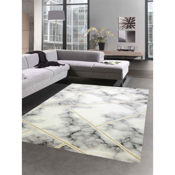 Tappeto Marmo Design Soggiorno Oro Grigio Crema - Facile Da Pulire Dimensioni - 80X150 Cm-image