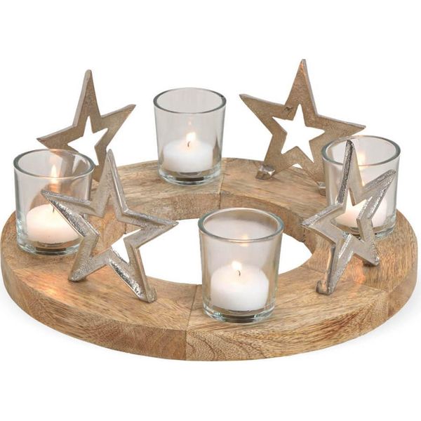 Corona D'avvento In Legno Rotonda Con Decorazioni E Candele Naturali Ø Circa 30 Cm-image