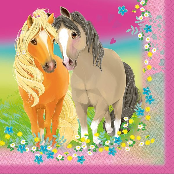 Amscan 9911588 - Tovaglioli Di Carta Pretty Pony, 20 Pezzi, Dimensioni 33 X 33 Cm, Pony E Fiori, Decorazione Della Tavola, Festa Di Compleanno Per Bambini, Festa A Tema-image