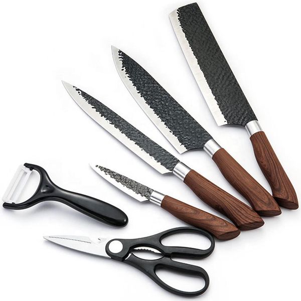 Set Di Coltelli Da Cucina 4 Coltelli 1 Paio Di Forbici 1 Pelapatate In Ceramica Coltello Da Cuoco E Multiuso In Stile Damasco-image