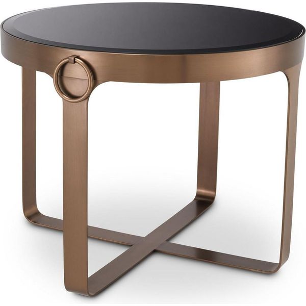 Tavolino Casa Padrino Color Rame/Nero Ø 60 X H. 47 Cm - Tavolino Rotondo In Acciaio Inox Con Piano In Vetro - Mobili Soggiorno - Mobili Lusso-image