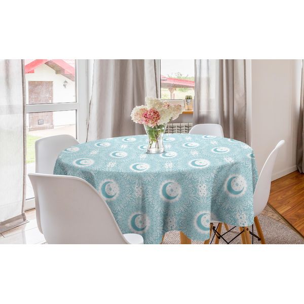 Abakuhaus Tovaglia Rotonda Orientale, Motivi BohéMien Monocromatici, Tovaglia Circolare Per Decorazione Sala Da Pranzo E Cucina, 150 Cm, Blu, Grigio E Bianco-image