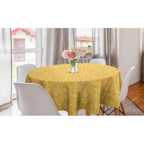 Abakuhaus Tovaglia Rotonda Paisley, Motivi Orientali Modernizzati, Tovaglia Circolare Per Sala Da Pranzo, Decorazione Cucina, 150 Cm, Giallo Terra E Avorio-image