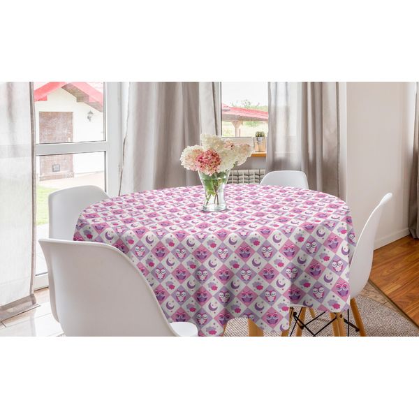 Abakuhaus Tovaglia Rotonda Con Gufi, Uccelli Dormienti, Luna E Stelle, Tovaglia Circolare Per Sala Da Pranzo, Decorazione Per Cucina, 150 Cm, Rosa Lavanda-image