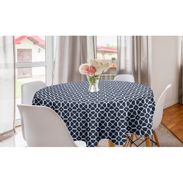 Abakuhaus Tovaglia Rotonda Vintage, Elementi Geometrici Affiancati, Tovaglia Circolare Per Sala Da Pranzo, Decorazione Cucina, 150 Cm, Blu Scuro Ardesia Bianco-image