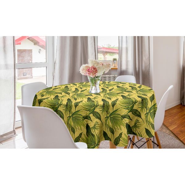 Abakuhaus Tovaglia Rotonda Tropicale, Foglie Esotiche Energiche, Tovaglia Circolare Per Sala Da Pranzo, Decorazione Cucina, 150 Cm, Giallo Verde Oliva-image