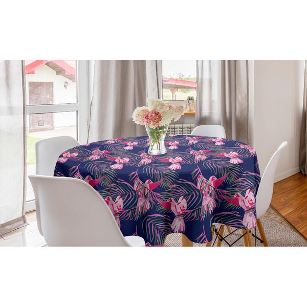 Abakuhaus Tovaglia Rotonda Acquerellata, Foglie Di Fenicotteri Esotici, Tovaglia Circolare Per Sala Da Pranzo, Decorazione Cucina, 150 Cm, Blu Notte Magenta-image