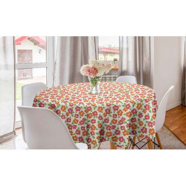 Abakuhaus Tovaglia Rotonda Con Motivi Floreali, Motivi Floreali Su Sfondo Decorativo, Tovaglia Circolare Per Sala Da Pranzo, Decorazione Per Cucina, 150 Cm, Avorio Corallo Salmone-image