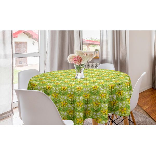 Abakuhaus Tovaglia Rotonda Con Motivi Floreali, Motivo Botanico Estivo, Tovaglia Circolare Per Sala Da Pranzo E Cucina, 150 Cm, Giallo Verde Multicolore-image