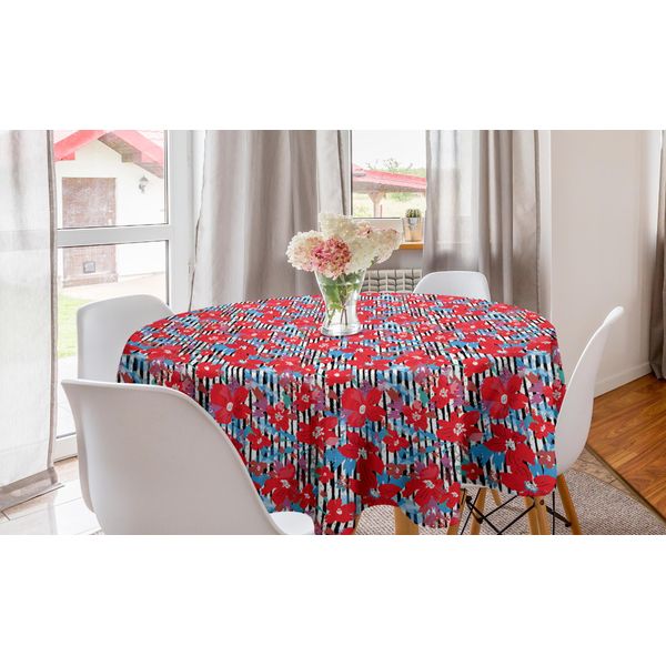 Abakuhaus Tovaglia Rotonda Con Motivi Floreali, Fiori E Strisce, Tovaglia Circolare Per Sala Da Pranzo E Cucina, 150 Cm, Rosa Scuro E Azzurro-image